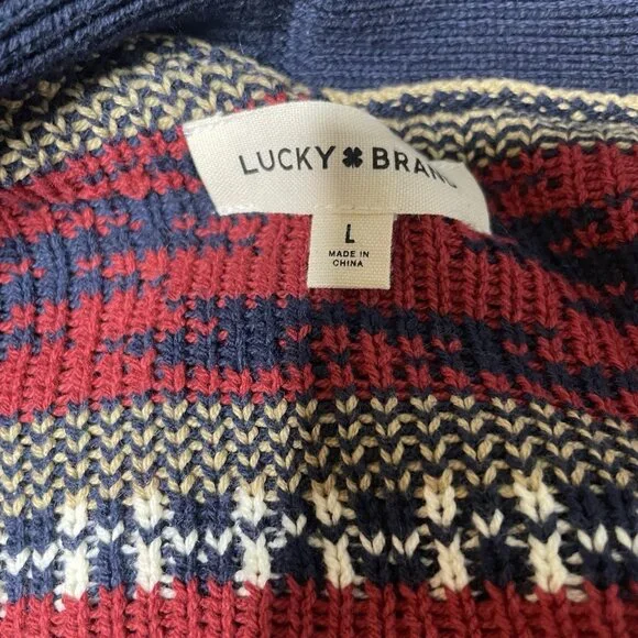 Lucky Brand Women’s L Cardigan Sweater Open Shawl Collar Aztec Southwest Blue - Picture 3 of 8